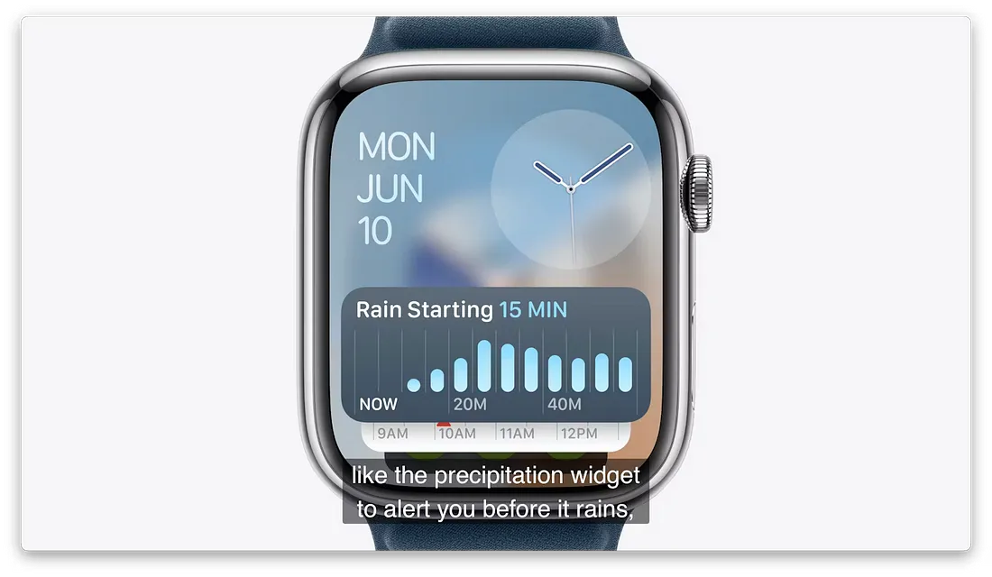 图片展示了一款Apple Watch的界面。界面上方显示日期“MON JUN 10”，中间有手表指针。下方有一个蓝色背景的“Rain Starting 15 MIN”提示框，表明15分钟后开始下雨。框内有蓝色柱状图，代表不同时间段的降雨情况。底部有时间标识“NOW 9AM 10AM 11AM 12PM”。图片下方文字说明“like the precipitation widget to alert you before it rains”，意为“喜欢这个降雨小部件，以便在下雨前提醒你”。此图与文档中介绍Apple Watch新功能的内容相关，展示了智能堆栈中自动添加的天气小部件。