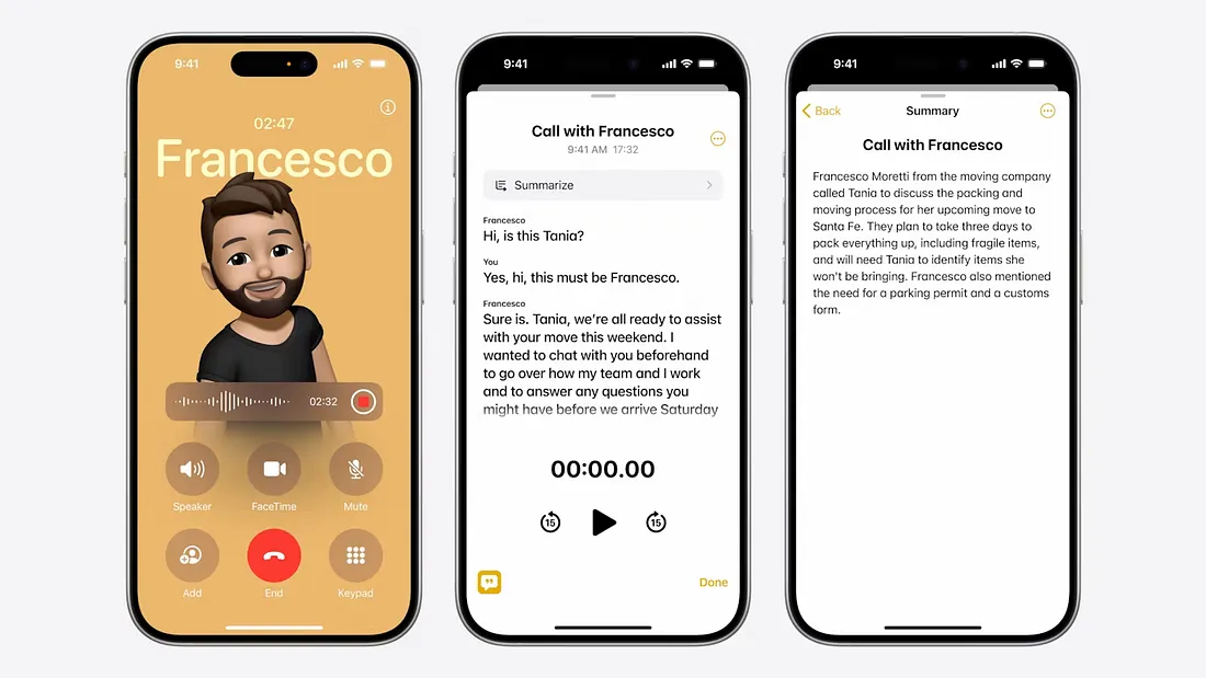 图片展示了iPhone通话界面。左侧显示通话中，有“Add”“FaceTime”“Mute”等按钮，当前通话时长2分32秒。中间界面为通话记录，显示与Francesco的通话，可选择“Summarize”并有“Hi, is this Tonia?”等对话内容。右侧为通话总结界面，显示“Call with Francesco”及通话内容摘要，如Francesco介绍自己并提及搬家事宜等。该图与文档中“通话录音并转换为笔记”内容相关，直观呈现了苹果iOS系统通话功能的智能总结功能。