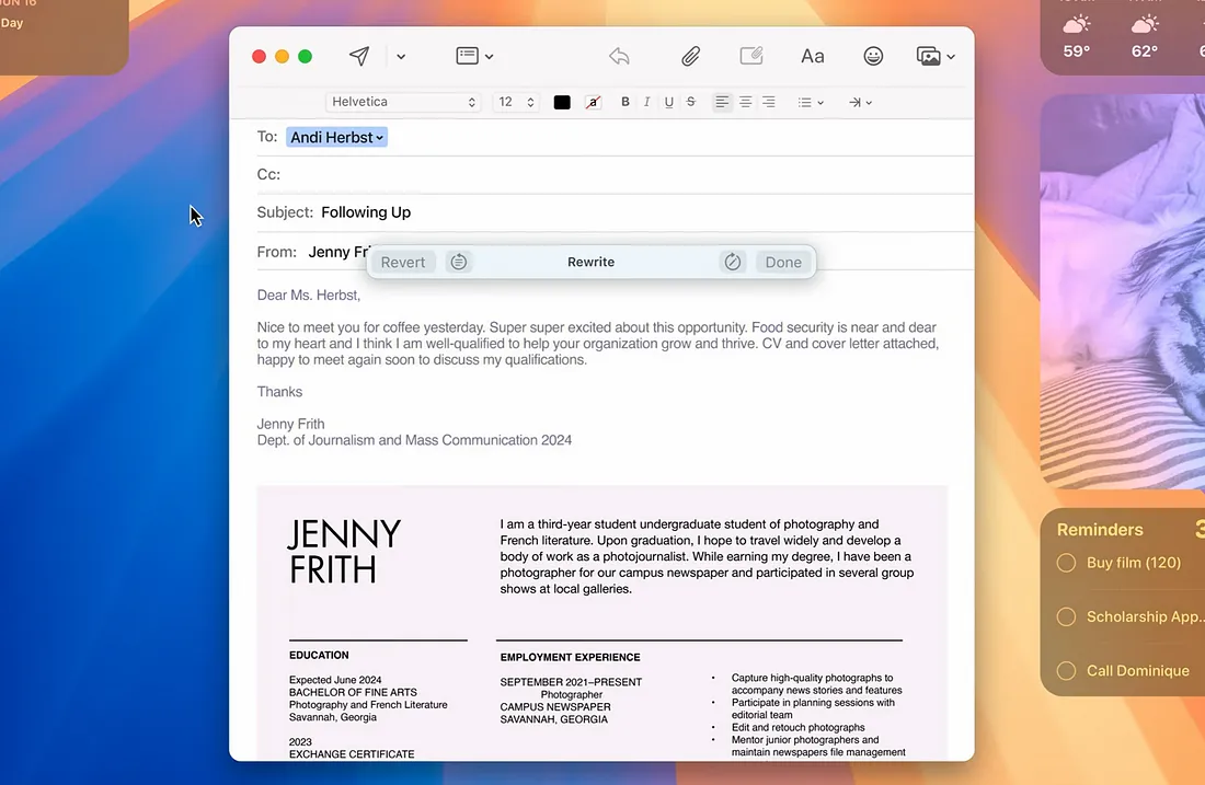 图片展示的是苹果邮件应用界面，显示一封发件人为Jenny Frith的邮件，主题为“Following Up”，内容是关于与Andi Herbst见面后对合作机会的兴奋，提到食品安全与她心系，认为自己能帮助组织成长。邮件下方有Jenny Frith的简历，包含教育、实习经历等信息。界面右上角有“Rewrite”“Revert”“Done”按钮，与文档中介绍Siri新功能可使写作更“友好”“专业”或“简洁”，甚至提示重写处理特定请求的内容相呼应。