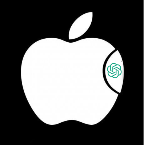 图片展示了苹果标志，其右下方的咬口处被替换成了ChatGPT的标志。该图片位于介绍苹果Apple Intelligence系统架构的上下文之后，可能是通过这种方式暗示苹果在AI技术上的创新与ChatGPT的关联，与上下文提到的苹果采用混合模型方案，结合本地大模型和云端模型，以确保隐私和性能的平衡等内容相呼应。