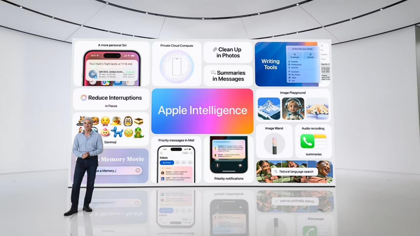 图片展示了苹果Apple Intelligence的亮点。画面中央大红底色上写有“Apple Intelligence”。左侧有“Reduce Interruptions”“Memory Movie”“Priority messages in Mail”等板块，右侧有“Private Cloud Compute”“Clean Up in Photos”“Summaries in Messages”等板块，下方还有“Writing Tools”“Image Playground”“Image Wand”“Audio recording”“Summaries”等板块。画面左侧站立一位男士，背景为白色，整体呈现苹果智能系统在不同应用中的功能展示。