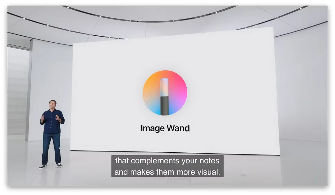 图片展示的是苹果WWDC上介绍的“Image Wand”功能。画面中，一位男士站在左侧，身后是带有“Image Wand”标识及彩色圆圈图案的白色大屏幕。屏幕下方有英文说明，称该功能能补充笔记，使其更具视觉效果。此图与上下文紧密相关，上下文提到苹果在WWDC上展示了多项创新，此图直观呈现了其中一项名为“Image Wand”的功能，体现了苹果在AI系统方面的创新。