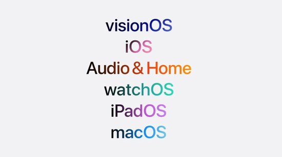 图片展示了苹果在WWDC 2024上更新的多个操作系统名称，包括visionOS、iOS、Audio & Home、watchOS、iPadOS、macOS。这些操作系统名称以不同颜色呈现，visionOS为蓝色，iOS为粉红色，Audio & Home为橙色，watchOS为绿色，iPadOS为紫色，macOS为蓝色。该图片与文档中介绍苹果在AI领域的革新内容相关，可能是苹果在此次大会上更新操作系统体系的体现。