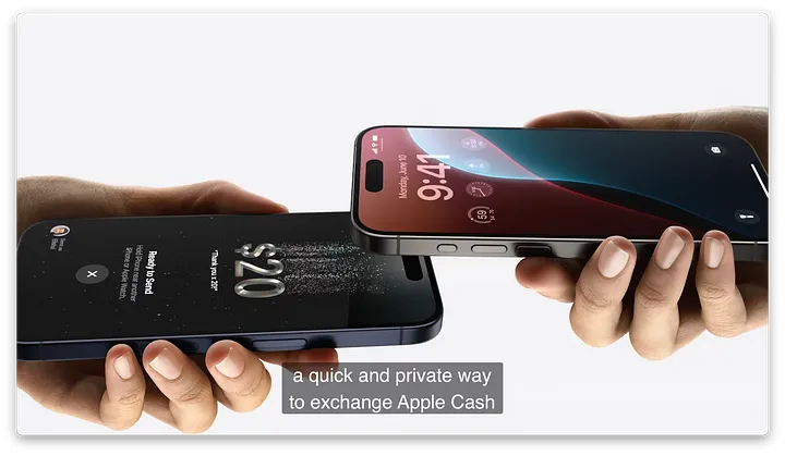 图片展示了通过Tap to Cash汇款的场景。画面中有两只手分别拿着两部手机，手机屏幕显示“$20”等信息。画面下方文字为“a quick and private way to exchange Apple Cash”，意为“一种快速且私密的Apple Cash交换方式”。该图片与文档中“通过Tap to Cash汇款（无需电话号码）”的内容相关，直观呈现了这一汇款方式的操作场景。