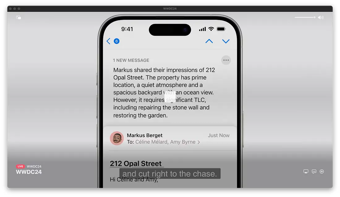 图片展示的是iPhone界面，显示时间为9:41，有信号、Wi-Fi和电池图标。界面中有一封新邮件，内容是Markus分享了对212 Opal Street的观感，该房产位置优越、氛围安静、有宽敞后院和海景，但需大量维护，如修复石墙和恢复花园。下方是Markus的头像和“Just Now”字样，以及邮件主题“212 Opal Street”。图片与上下文关系紧密，直观呈现了Siri可以总结电子邮件的功能。