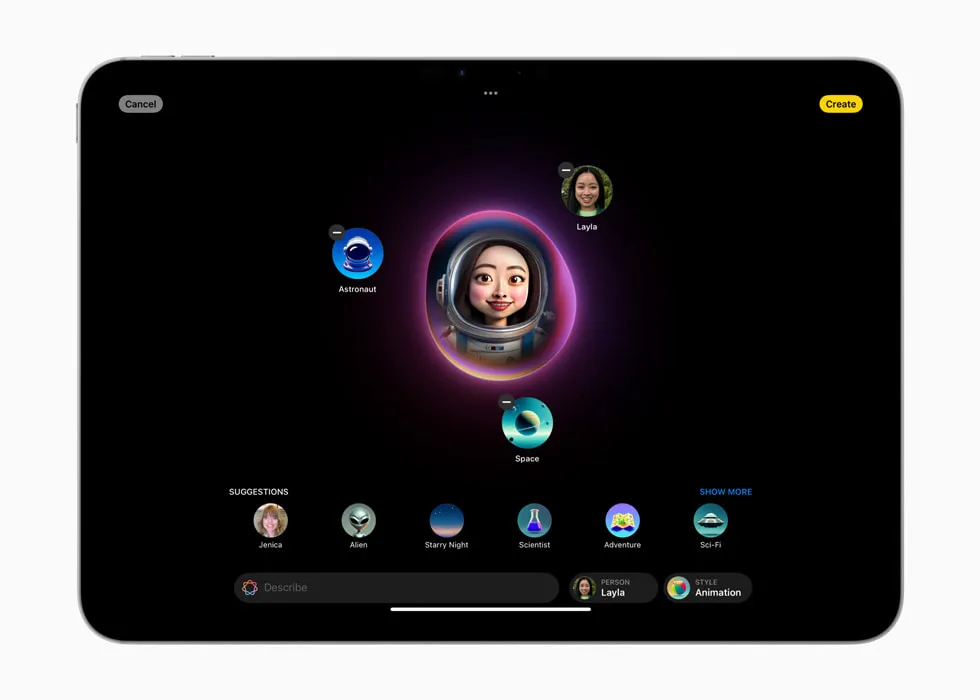 图片展示的是iPad界面，上方显示“Cancel”和“Create”按钮。中间是“Image Playground”界面，有“Space”和“Astronaut”两个图标，分别对应太空和宇航员主题。下方有“Suggestions”区域，列出“Jemica”“Alan”“Starry Night”“Scientist”等主题。底部有“Description”输入框，以及“Animation”和“Sticker”选项卡。该图与文档中介绍Apple独立应用外观的内容相关，展示了Image Playground应用的界面样式。
