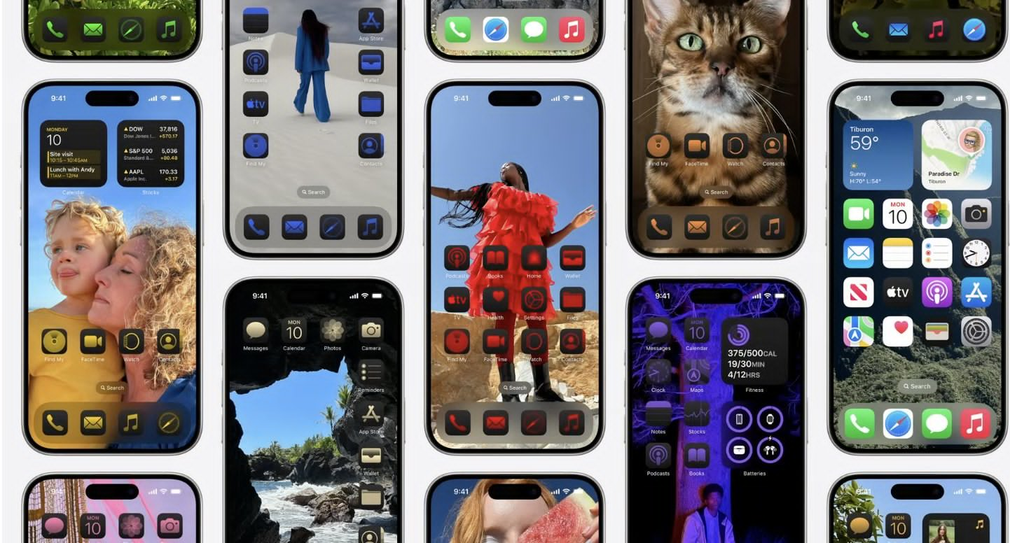 图片展示了多种iPhone界面，呈现了iOS系统的新功能。左上角是带有电话、信息、邮件等应用图标的界面；右上角是显示天气、地图等信息的界面；中间部分有不同主题的桌面，如人物、风景等；右下角是带有应用图标和控制中心的界面。这些界面体现了iOS系统中自定义iPhone、自定义控制中心等功能，与文档中介绍的iOS系统新功能相契合，直观呈现了相关界面样式。