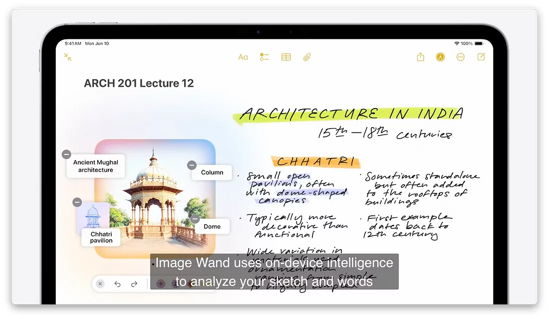 图片展示的是iPad屏幕，显示“ARCH 201 Lecture 12”课程内容，主题为“ARCHITECTURE IN INDIA 15th - 18th centuries”。画面中有一个建筑草图，标注有“Chhatri pavilion”等信息，下方有“Image Wand uses on-device intelligence to analyze your sketch and words”字幕。该图片与上文提到的“Image Wand”功能相关，直观呈现了其在分析手绘草图和文字方面的应用。