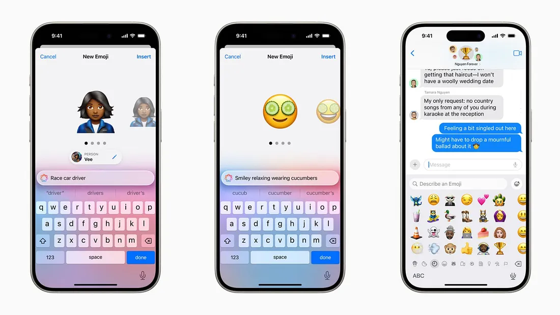 图片展示了Apple Intelligence中Genmoji功能的使用示例。左侧手机显示输入“Race car driver”后生成的女性角色头像；中间手机呈现输入“Smiley relaxing wearing cucumbers”后生成的笑脸表情；右侧手机则在聊天界面中，用户输入“Describe an Emoji”后，系统展示多种表情符号。这些图片直观呈现了根据描述生成表情符号的功能，与上文介绍的用户可通过输入描述创建原始表情符号的内容相呼应。