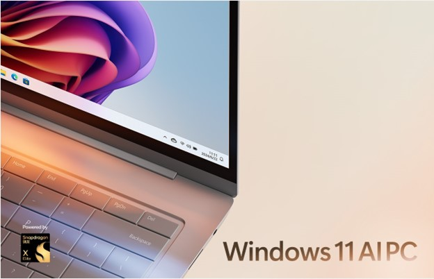 图片展示了一台笔记本电脑，屏幕显示Windows 11界面，右下角有“Windows 11 AI PC”字样。电脑键盘部分有“Backspace”键，底部有“Power by Snapdragon X Gen 2”的标识。该图片与文档中提到的“微软推出名为‘Windows 11 AI PC’的全新PC品类，融合了强大的AI硬件和云端的ChatGPT体验”内容相关，直观呈现了这款AI PC的外观。