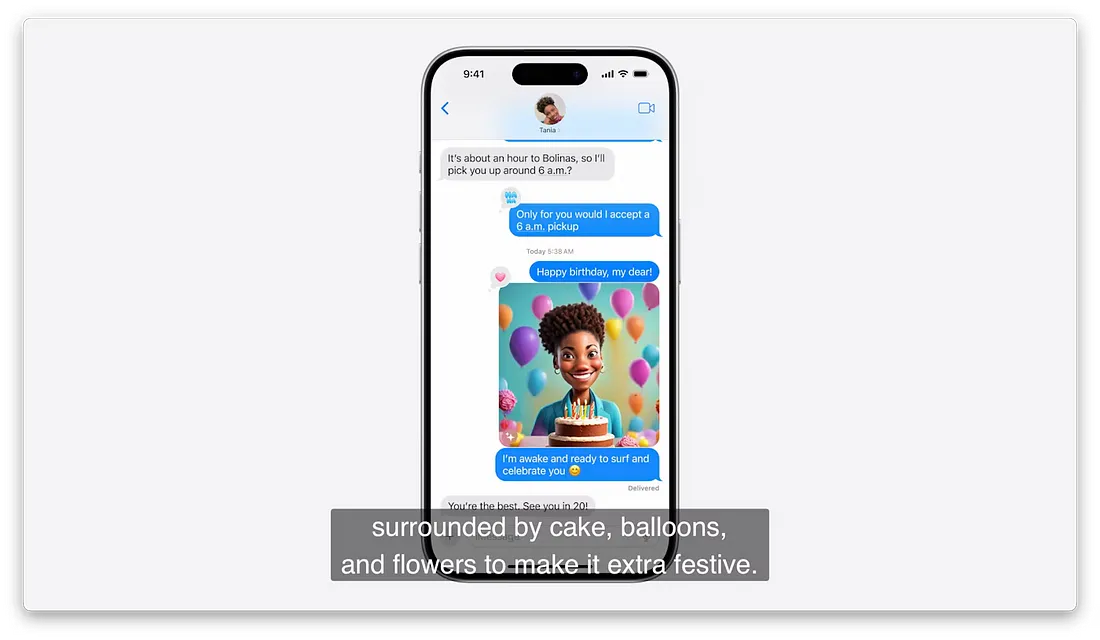 图片展示的是苹果Apple Intelligence功能中生成的AI表情符号。画面中显示一条信息“Happy birthday, my dear”，下方配有卡通人物头像，人物头戴花环，身穿彩色衣服，周围环绕着蛋糕、气球和花朵，营造出节日氛围。该图片与文档中介绍Apple Intelligence通过自然语言支持生成表情符号的内容相关，直观呈现了其生成效果。