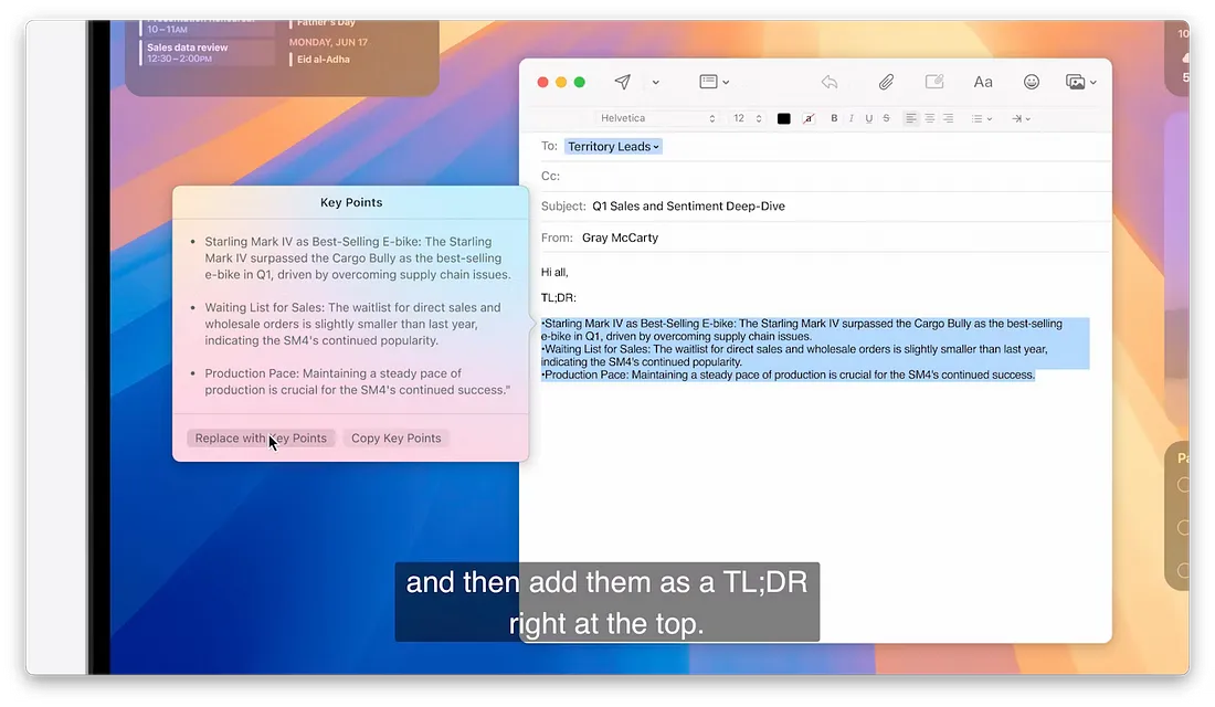图片展示了Mac系统中Siri总结邮件内容的功能。左侧是邮件界面，显示邮件主题为“Q1 Sales and Sentiment Deep-Dive”，发件人为Gray McCarty，邮件内容包含关键点。右侧是Siri总结的邮件关键点，包括Starling Mark IV为Q1最畅销的电动自行车等信息。底部文字说明“然后将它们作为TL;DR放在顶部”。该图片与上文提到的Siri可以总结电子邮件，不仅仅是电子邮件的前几行的内容相呼应，直观呈现了Siri总结邮件内容的功能。