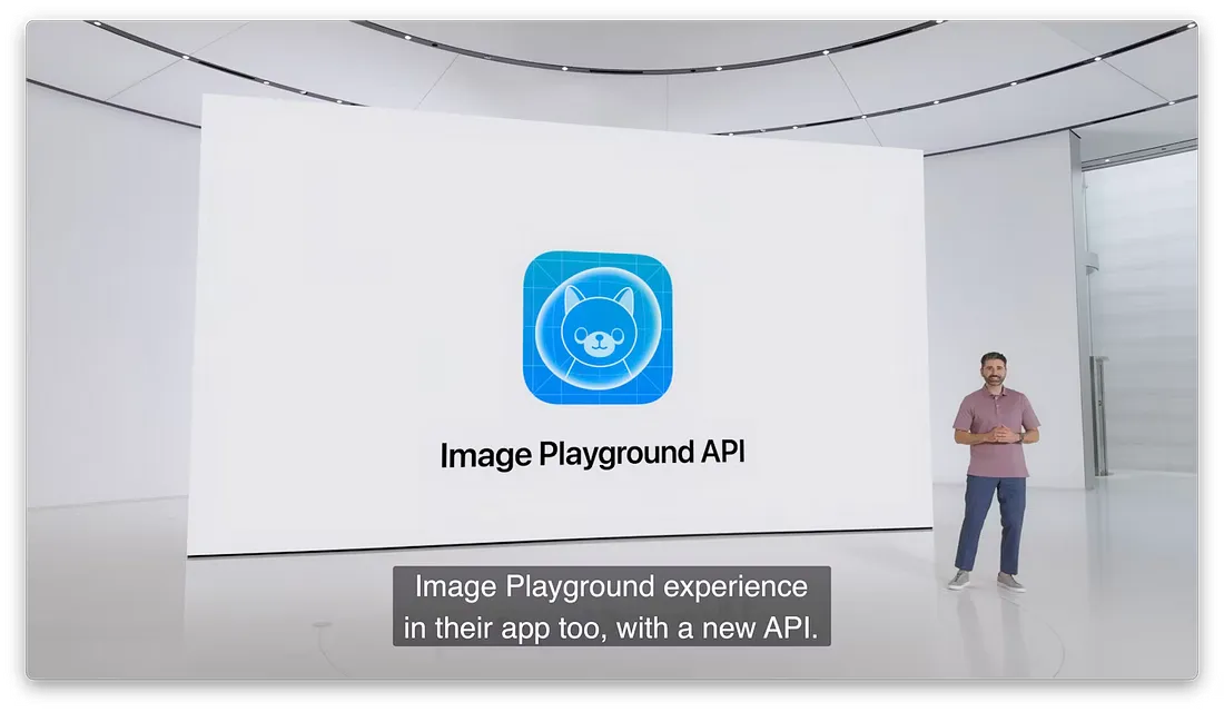 图片展示的是苹果WWDC上介绍Image Playground API的内容。画面中，一位男士站在右侧，身后是一块大屏幕，屏幕上显示着蓝色背景的图标，图标内有猫头图案，下方文字为“Image Playground API”。画面底部有字幕，内容为“Image Playground experience in their app too, with a new API.”。该图片与上下文紧密相关，上下文提到应用程序可通过调用Image Playground API生成图像，此图直观呈现了该API的标识。