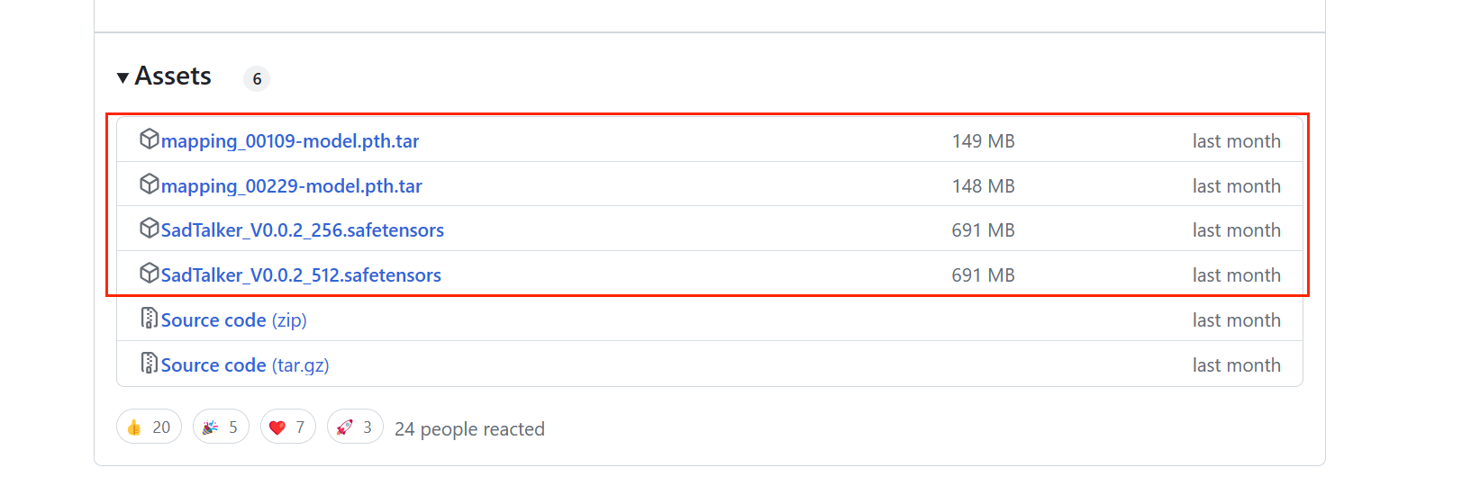 图片展示的是在https://github.com/OpenTalker/SadTalker/releases网页端下载SadTalker插件所需checkpoint文件的部分界面。图中红框圈出了首先要下载的4个文件，分别为mapping_0019 - model.pth.tar（149 MB）、mapping_00229 - model.pth.tar（148 MB）、SadTalker_V0.0.2_256.safetensors（691 MB）、SadTalker_V0.0.2_512.safetensors（691 MB）。这是文档中介绍checkpoint文件下载和配置时，网页端下载方式里首先要下载的部分内容，之后还需继续下滑界面下载另外8个文件。