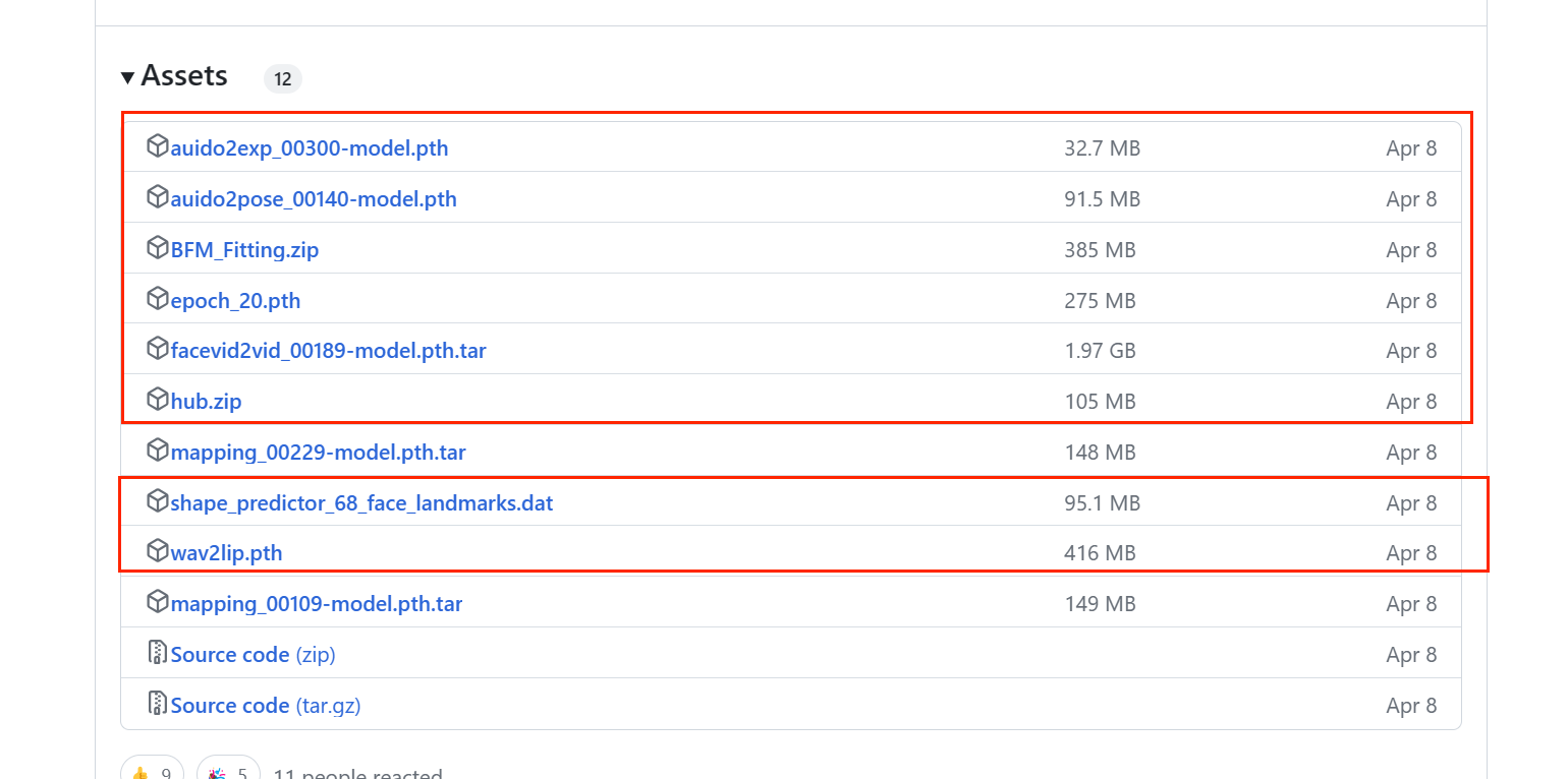 图片展示的是在https://github.com/OpenTalker/SadTalker/releases网页端下载SadTalker插件checkpoint文件的部分内容。画面中“Assets”下有多个文件，其中被红框突出显示的有audio2exp_00300-model.pth、audio2pose_00140-model.pth等共8个文件。这些文件是运行SadTalker插件所需基础模型的一部分。结合上下文，在该网页先下载4个文件，再下滑下载图中这8个文件，一共12个文件，下载完成后需将其放到指定路径D:\2023\ai\resource\stable-diffusion-webui\extensions\SadTalker\checkpoints下。