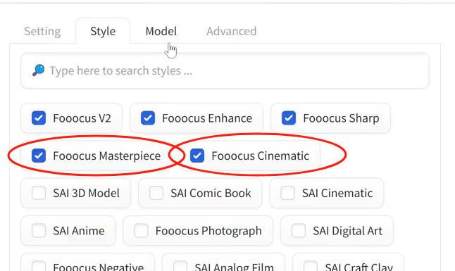 图片展示了AI生成图片的“Model”设置界面。界面中有多个风格选项，其中“Fooocus Masterpiece”和“Fooocus Cinematic”两个风格被红色圆圈突出显示。上下文提到，要生成AI虚拟网红，可在此界面选择“Fooocus Masterpiece”和“Fooocus Cinematic”两个风格，此外还介绍了默认使用的风格以及基本模式的设置情况。