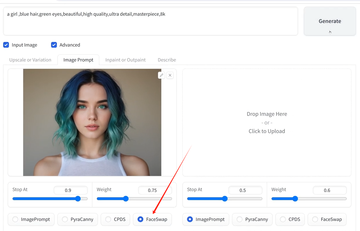 图片展示的是AI生成虚拟网红的界面设置。左侧为“Input Image”和“Advanced”选项，选中“Advanced”后，下方出现“Upscale or Variation”等标签，当前选中“Image Prompt”。右侧是“FaceSwap”功能设置区域，有“Stop At”和“Weight”滑块，当前“Stop At”为0.5，“Weight”为0.6，下方还有“ImagePrompt”“PyraCanny”“CPDS”“FaceSwap”等选项，其中“FaceSwap”被红色箭头指向。该图片与上下文介绍的AI生成虚拟网红操作步骤相关，展示了FaceSwap功能的设置界面。