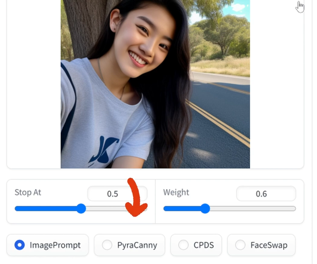 图片展示了fooocus AI生成虚拟网红的界面。上方是一张女性自拍照片，她面带微笑，穿着印有图案的白色T恤，背景是户外道路和树木。下方有“Stop At”和“Weight”两个滑块，分别用于控制生成图像的细节程度和权重。滑块右侧有“ImagePrompt”“PyraCanny”“CPDS”“FaceSwap”四个选项，其中“ImagePrompt”被选中。图片与上下文介绍的通过描述词更改场景、让fooocus随机生成场景的内容相关，直观呈现了操作界面。
