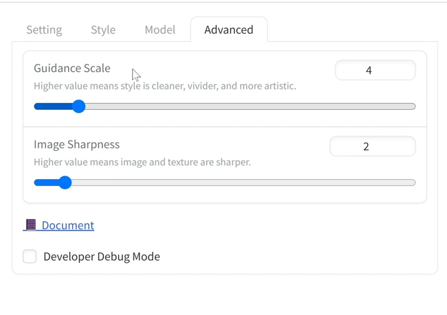 图片展示的是AI生成图像的高级设置界面。界面中有“Guidance Scale”和“Image Sharpness”两个设置项，当前“Guidance Scale”值为4，“Image Sharpness”值为2。其中“Guidance Scale”说明越高风格越干净、生动、艺术；“Image Sharpness”说明越高图像和纹理越清晰。此外，界面底部还有“Developer Debug Mode”选项。该图片与上下文介绍的AI生成图像设置相关，直观呈现了高级设置中的关键参数。