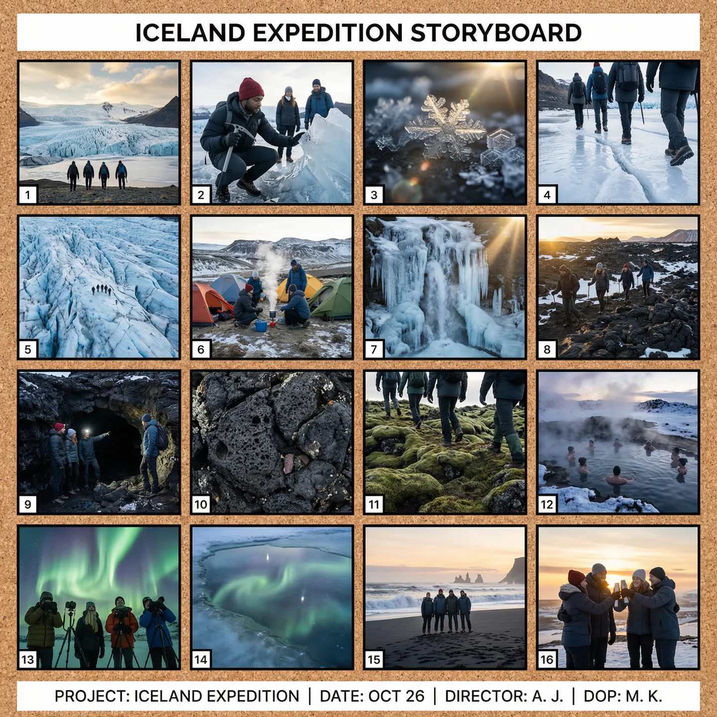 图片为Iceland Expedition分镜图，展示了一次冰岛探险的场景。图中包含15个画面，从1号画面至15号画面画面依次呈现了探险者 addCriterion