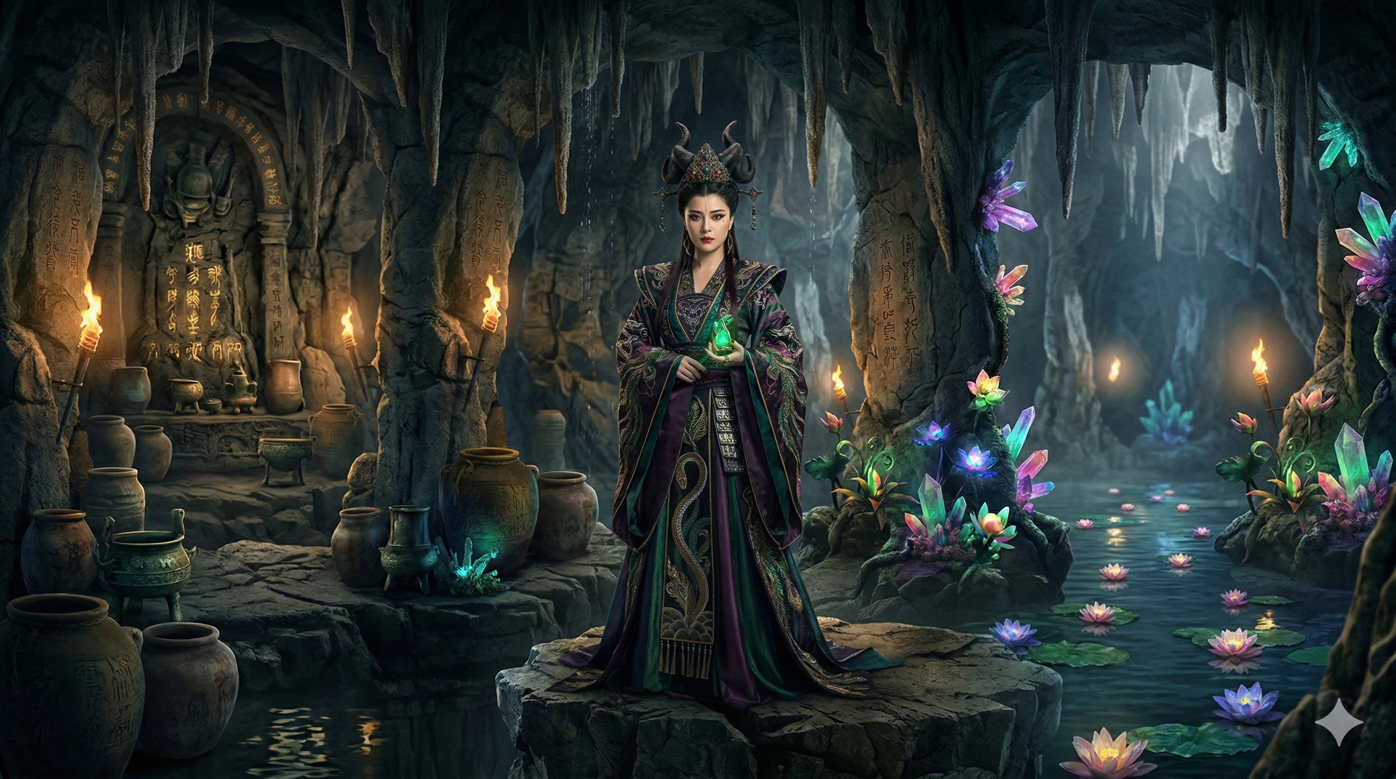 图片展示了一个奇幻场景，背景为洞穴，洞壁上悬挂着冰柱，地面摆放着陶罐。画面中央是一位身着华丽服饰的女性，她手持绿色光球，周围环绕着紫色、粉色的花朵和发光的植物。洞穴内有几处火光，增添了神秘氛围。此图与文档中“空间构建与延伸”部分内容相关，可能是用于展示Seedance 2.0短视频制作中空间构建的场景效果。