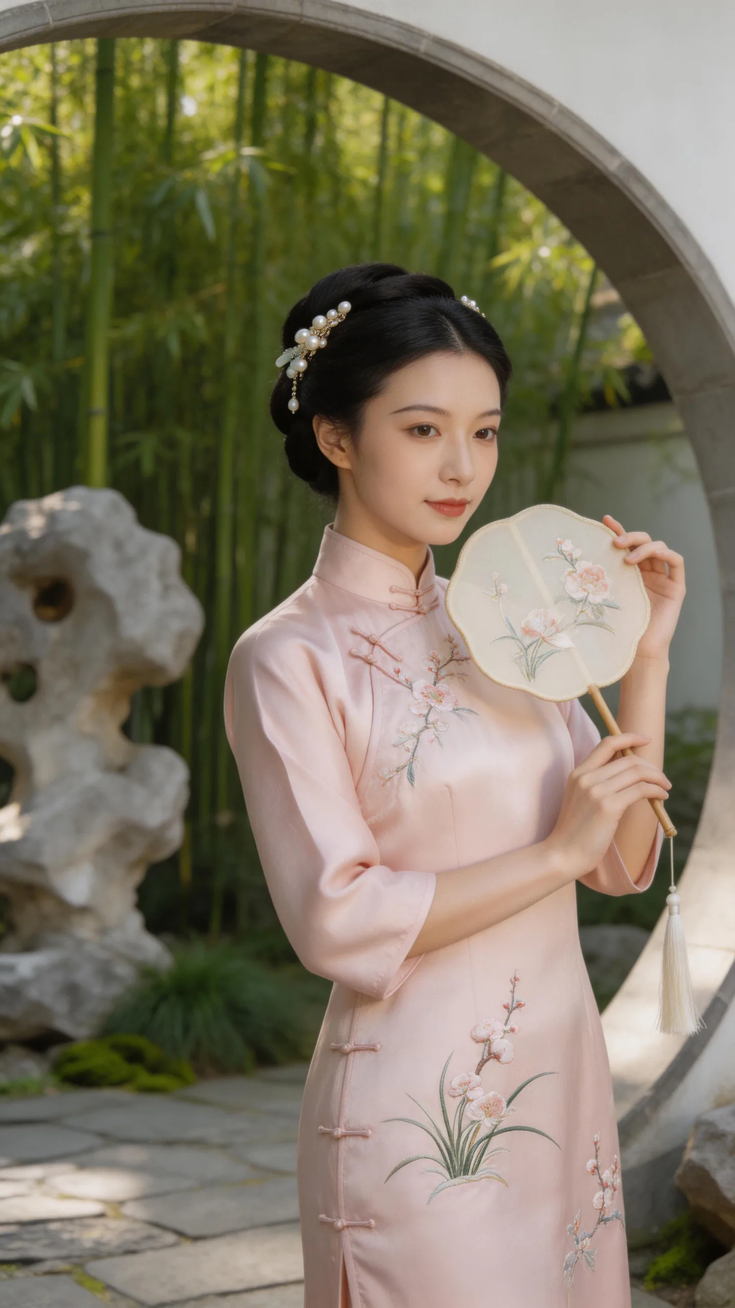 图片展示了一位穿着，图片中一位身着粉色旗袍的女子，旗袍上有花卉刺绣，头戴珍珠发饰，手持一把绘有花卉图案的扇子，背景是竹林和假山，营造出古典雅致的氛围。该图片可能用于体现传统服饰或古典美学，与文档中介绍的Seedance 2.0短视频制作能力中关于迁移与复刻能力的内容相契合，展现其在视觉呈现方面的应用。
