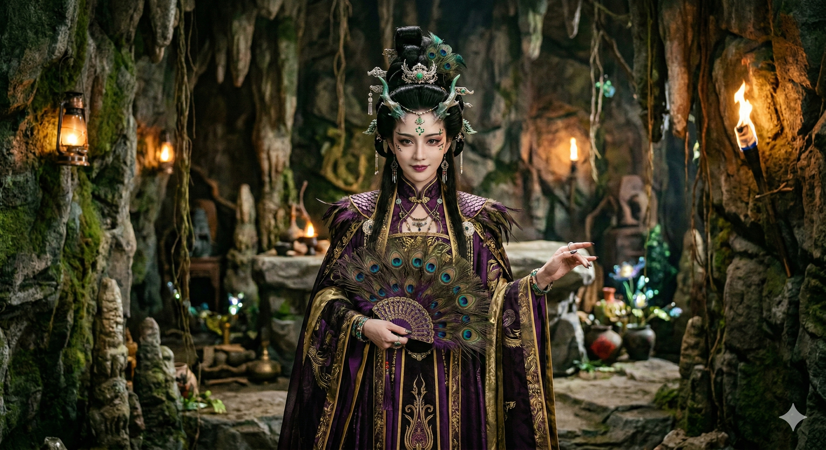 图片展示了一位身着华丽古装的女性角色，她头戴精致的发饰，手持一把扇子背景是一个充满神秘氛围的洞穴场景，四周挂有藤蔓，地面摆放着石块和一些装饰物，背景中有火光。此图与文档中“空间构建与延伸”部分内容相关，可能是用于说明视频制作中空间构建的场景设计，体现角色在特定环境中的呈现效果。