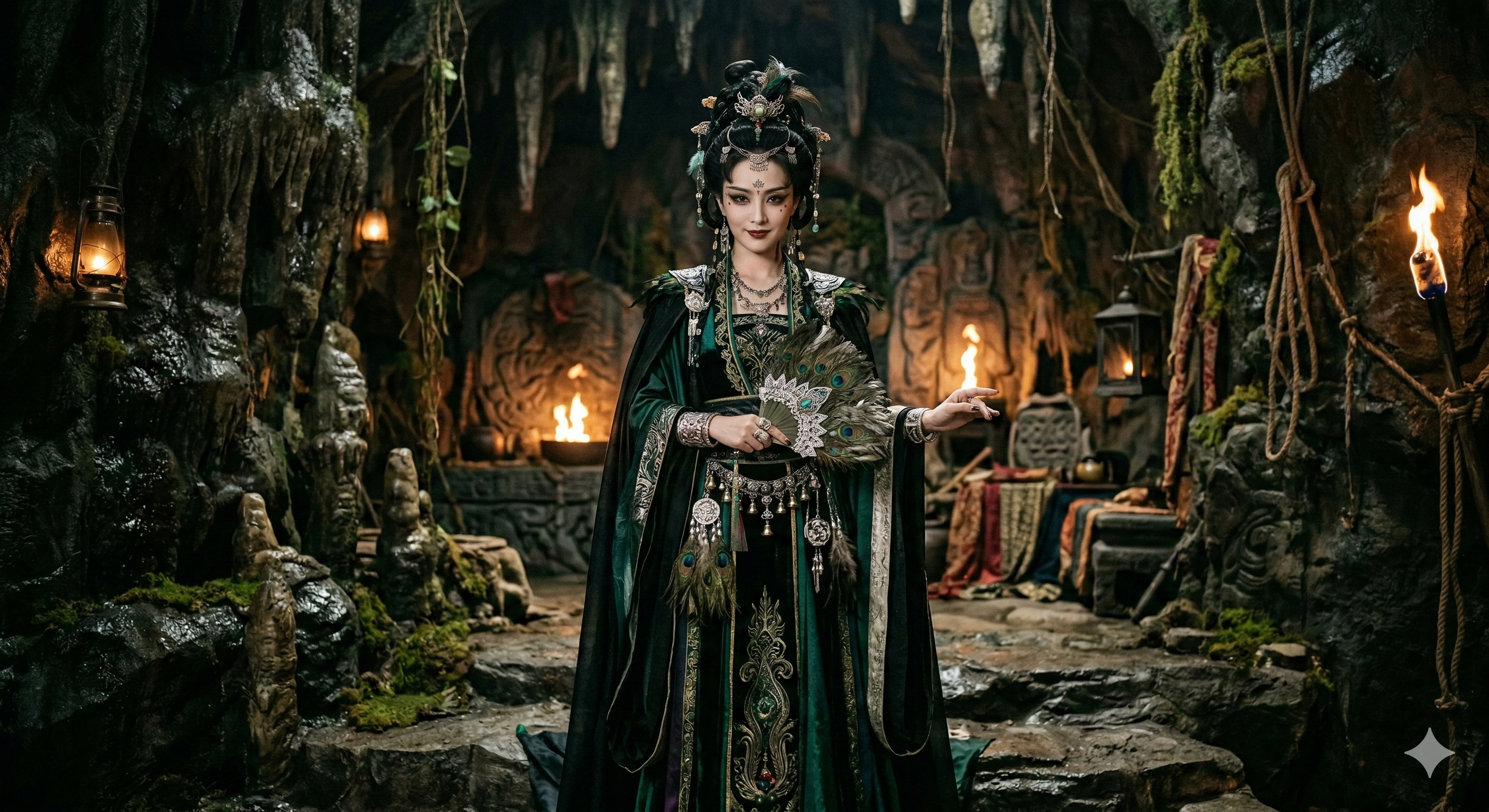 图片展示了一位身着华丽服饰的女性角色，她站在一个类似洞穴的环境中，四周是岩石和藤蔓，地面有石阶。角色头戴繁复的头饰，身穿绿色长袍，袍上装饰有金色花纹，双手捧着一个物品。背景中有火把和一些装饰物，营造出一种神秘的氛围。此图与文档中“空间构建与延伸”部分内容相关，可能是用于展示视频中角色所处的场景环境。