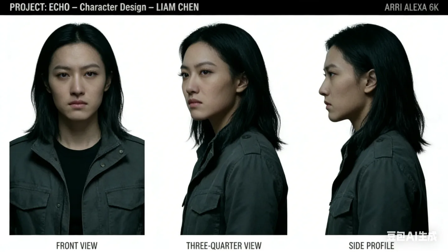 图片展示了电影《Echo》中角色设计的三个视角画面，由Liam Chen负责。画面中人物穿着黑色内搭与灰色外套，黑色长发。左侧为正面视角，标注“FRONT VIEW”；中间为三面视角，标注“THREE-QUARTER VIEW”；右侧为侧面视角，标注“SIDE PROFILE”。图片右上角显示“ARRI ALEXA 6K”，左上角有“PROJECT: ECHO - Character Design - LIAM CHEN”字样。该图片与上下文介绍电影《Echo》角色设计的内容