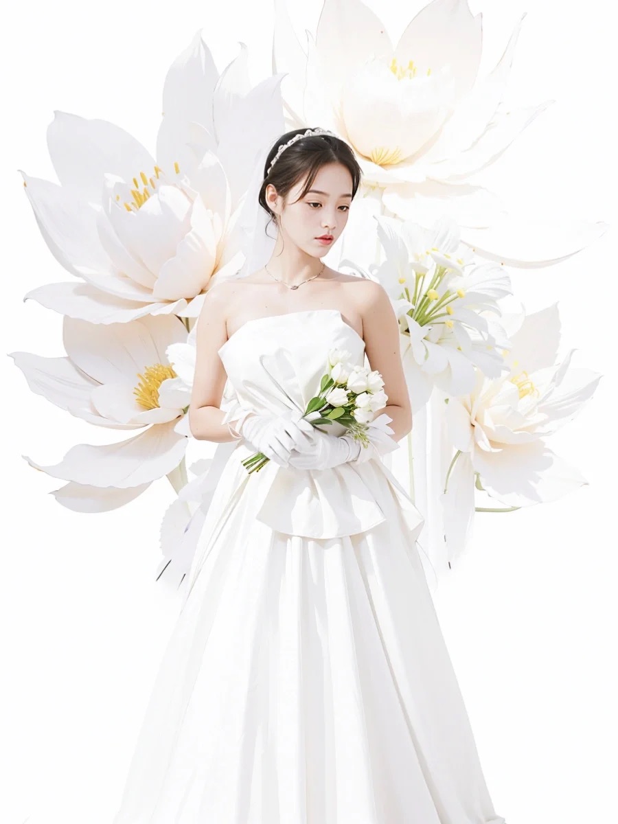 图片展示了一位身着白色抹胸婚纱的新娘，她手持白色花束，戴着白色手套，头戴精致头饰。新娘身后是几朵大型白色花朵，花瓣舒展，花蕊微黄。此图作为婚纱摄影原图示例，位于“分析原图”部分，用以说明有时完美的婚纱摄影图可能仅缺少令人惊艳的背景，进而引出如何使用Midjourney生成合适背景的两种方法，即从提示词库筛选和让ChatGPT生成提示词。