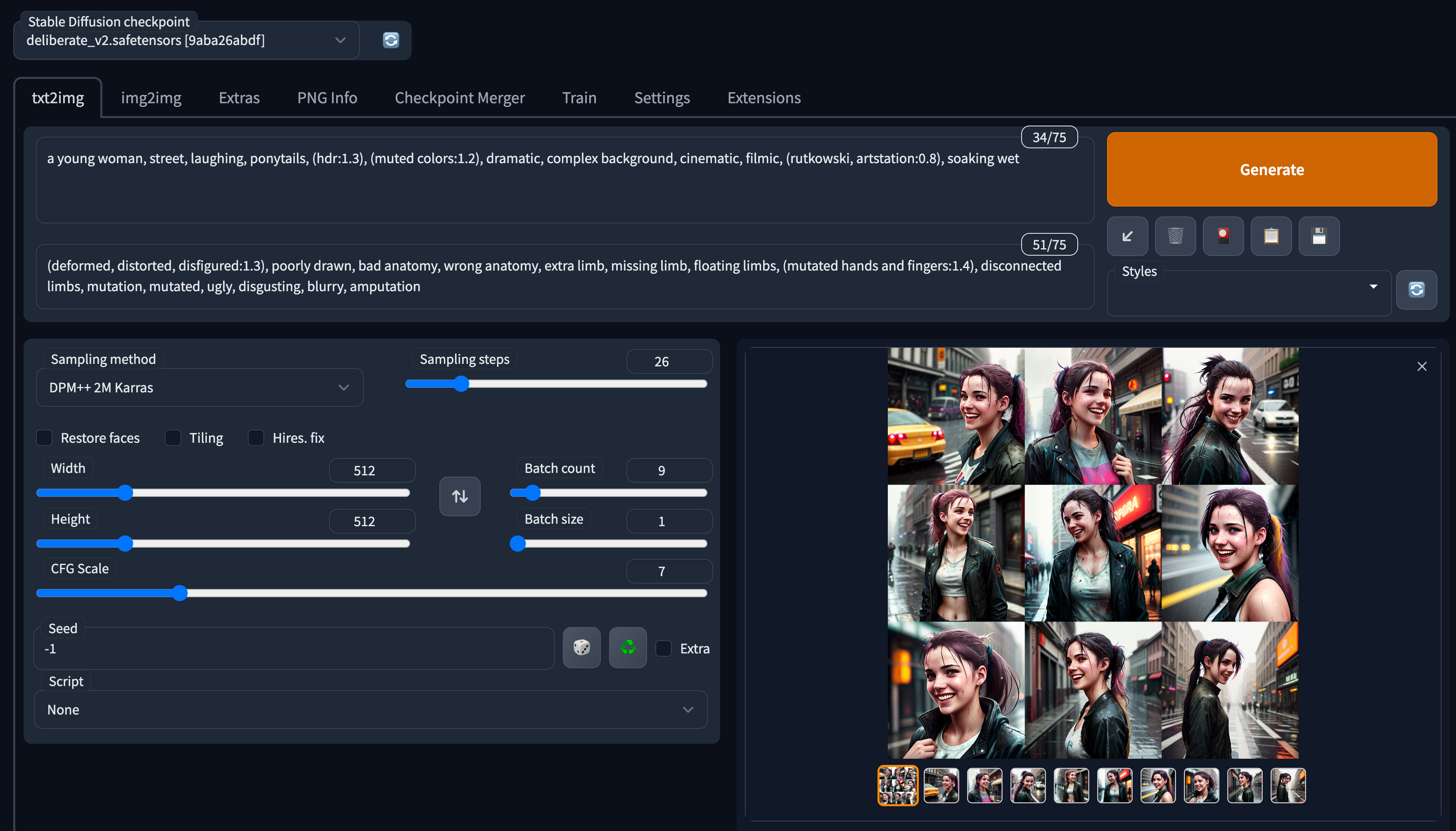 这是AUTOMATIC1111 Stable Diffusion WebUI的操作界面，用于在Google Colab云端环境中运行Stable Diffusion生成图像。界面上方的生成设置区域，正使用v2.1的模型，提示词栏输入的内容为“a young woman, street, laughing, ponytails, (muted colors,1,2), dramatic, complex background, cinematic, filmic, (indewells, artist=0.8), soaking wet”，反向提示词包含畸形、肢体残缺等禁用内容；右侧的橙色“Generate”按钮用于触发生成，设置了生成步数、图像尺寸等参数，下方已生成9张风格相近的年轻女性街景图像，界面还保留了模型选择、功能切换等相关选项。