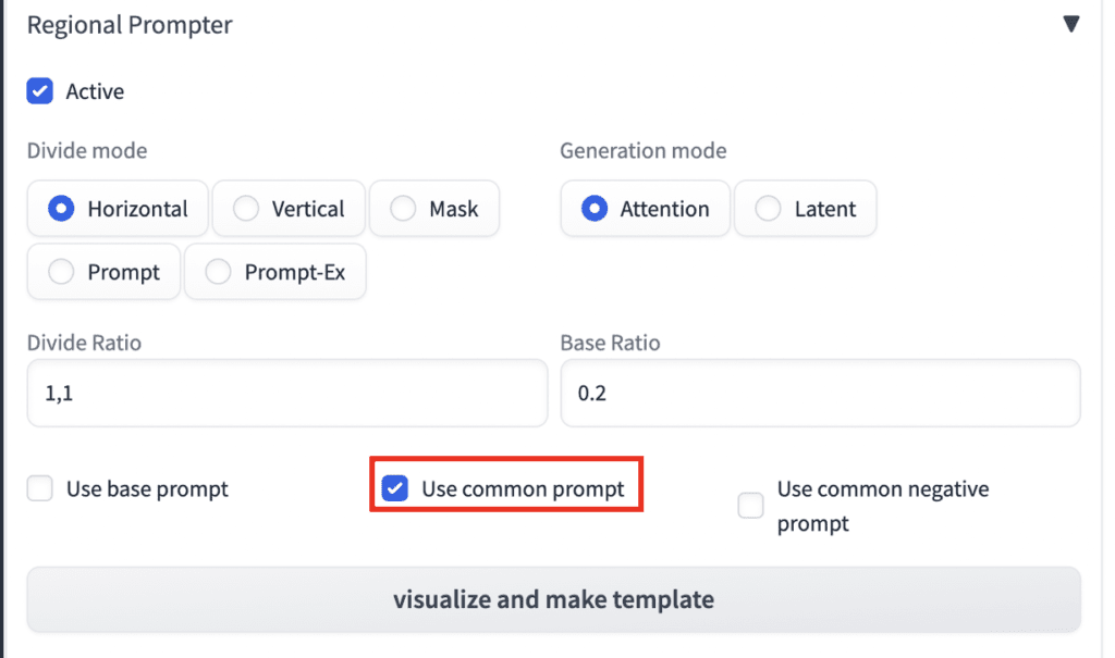 图片展示了Stable Diffusion WebUI中Regional Prompter的设置界面。其中“Use common prompt”选项被红色框突出显示，表明该选项处于选中状态。该界面还包含Active、Divide mode、Generation mode、Divide Ratio、Base Ratio等设置项，如Divide mode有Horizontal、Vertical、Mask等模式可选，Generation mode有Attention、Latent模式。此图与上下文介绍的Stable Diffusion WebUI相关设置内容紧密相关，直观呈现了“Use common prompt”这一设置选项。
