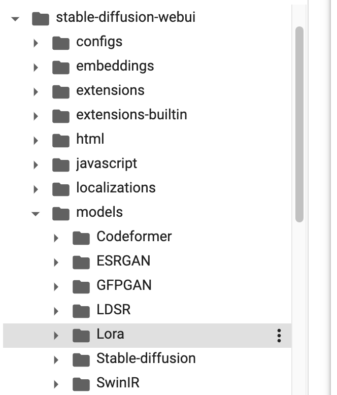 这张图片展示了Google Colab中stable-diffusion-webui目录下models文件夹的文件列表，models目录展开后，其包含的子项内标注出了Lora文件夹，该文件夹是安装LoRA模型时要求的存储目录，对应上下文里将LoRA模型放入stable-diffusion-webui>models>Lora的操作要求，清晰呈现了指定的目标文件路径结构。