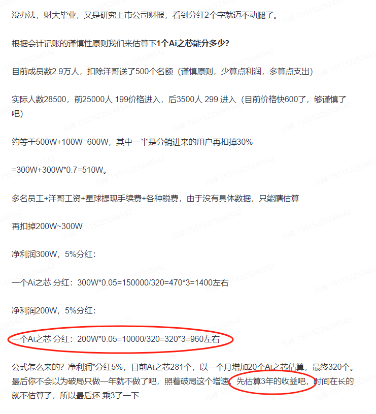 图片展示了AI之心分红的估算过程。根据番茄大佬的算法，今年每颗AI之心估计分红320元左右，元峰已累积获得15颗，分红约4800元。图片中用红色框突出显示了“一个AI之心分红：200W0.05=10000 320=3203=960左右”这一关键内容，即一个AI之心分红约为960元。该图片与上下文紧密相关，是对AI之心价值及分红估算的详细说明。
