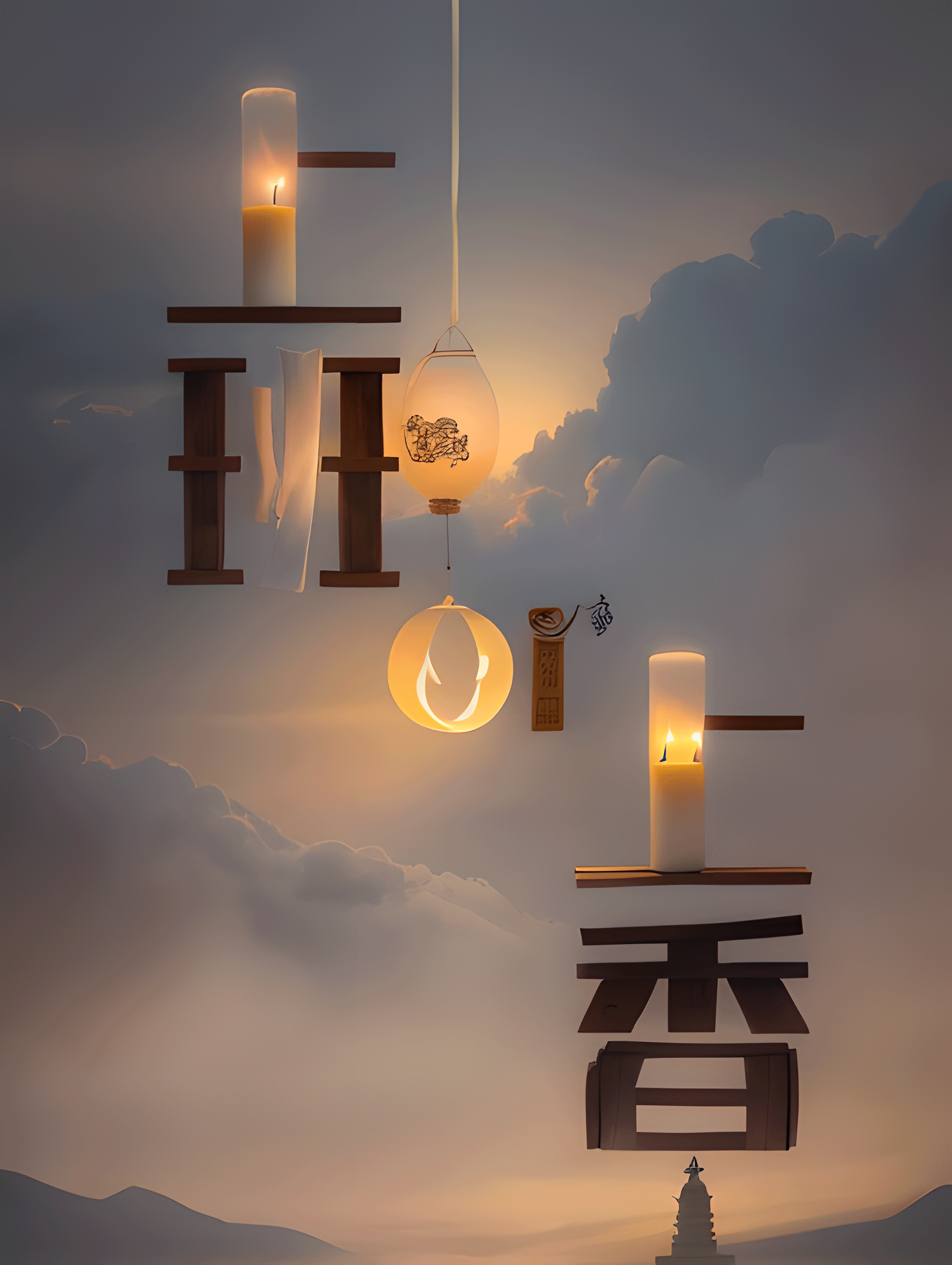 这是一幅AI生成的艺术作品，画面以云雾缭绕的黄昏天色为背景，搭配远山与塔影元素，营造出静谧氛围。画面中融合了汉字结构设计，“班”与“香”二字作为核心框架，被改造成带有中式传统风格的装置造型；其中嵌入了点燃的蜡烛、带有传统纹样的灯笼、圆形发光挂饰等元素，搭配木质构件、装饰牌等细节，整体将汉字、器物与自然景致结合，呈现出兼具国风意境与光影效果的AI创作成果，该作品是创作者运用SD、ControlNet、Midjourney、PS AI等工具进行AI艺术创作的成果，也与其AI摄影项目中运用的AI创意制作思路相呼应。