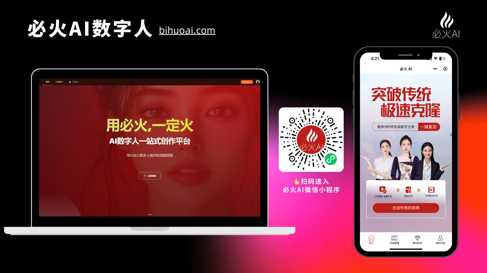 图片展示了必火AI数字人平台的界面。左侧是电脑端界面，显示“用必火，一定火 AI数字人一站式创作平台”，并有“去创作”按钮。右侧是手机端界面，上方有“突破传统 极速克隆”字样，下方有“扫码进入 必火AI微信小程序”及二维码，还展示了“克隆”“编辑”“发布”等功能按钮。图片与上下文紧密相关，直观呈现了必火AI数字人制作平台的使用场景，帮助用户了解其操作界面。