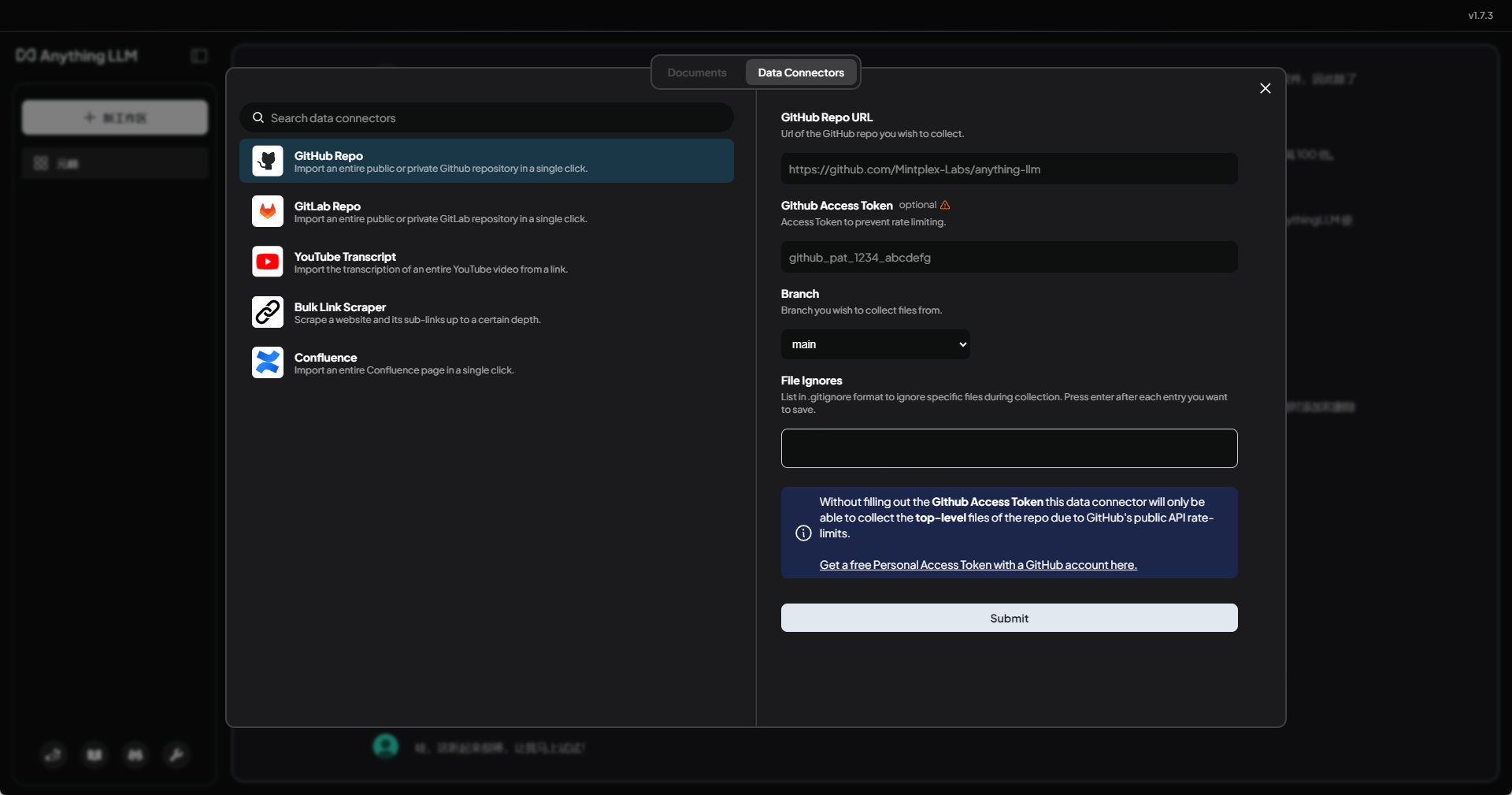 图片展示的是AnythingLLM的Data Connectors界面。左侧有多个数据连接选项，如GitHub Repos、GitLab Repo、YouTube Transcript等。右侧弹出的GitHub Repos数据连接窗口中，显示了GitHub Repo URL、GitHub Access Token、Branch、File ignores等输入框，其中Branch被设置为“main”，并有提示未填写Access Token时仅能收集公开仓库的顶层文件。该图片与文档中“上传文档”部分上下文相关，用于说明在Data Connectors中获取数据的操作。