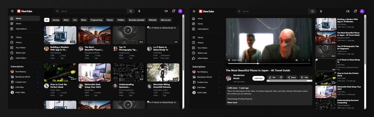 图片展示了Gemini 3.0生成的YouTube界面克隆。左侧为YouTube主页界面，有“Home”“Subscriptions”“Library”等导航栏，下方是视频缩略图，如“Building a Web App in 10...”“The Most Beautiful Places...”等。右侧是视频播放界面，显示视频标题“日本最美的地方 - 4K旅游指南”，并有播放进度条、评论区等元素。该图片与上下文紧密相关，直观呈现了Gemini 3.0生成的可点击、可播放的YouTube应用界面，体现了其强大的代码生成能力。