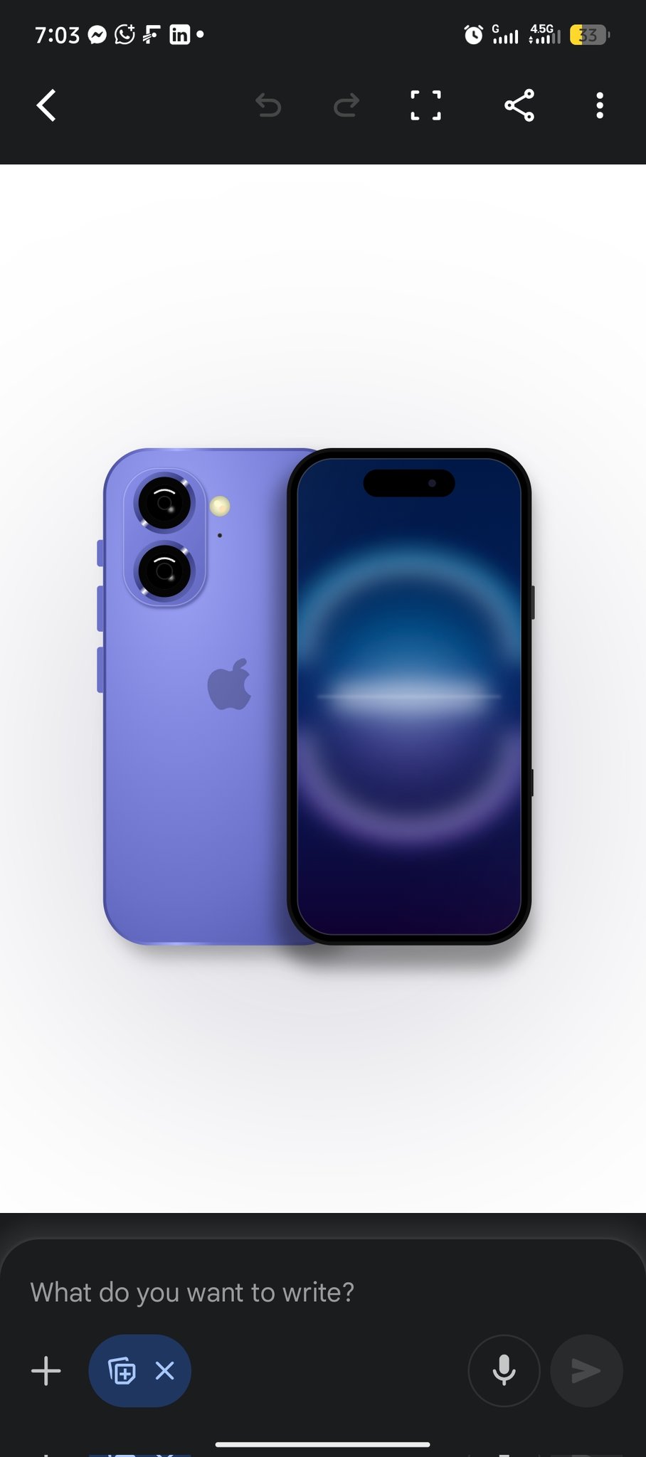 图片展示了一款紫色的iPhone 16手机，手机背面和侧面均为紫色，镜头为黑色，屏幕显示深蓝色渐变背景。图片位于文档中“创建iPhone 16紫色款的SVG图标”部分，与上文提到的Gemini 3.0能根据描述生成图片相呼应，直观呈现了Gemini 3.0生成的iPhone 16紫色款手机图像，体现了其在图像生成方面的应用能力。
