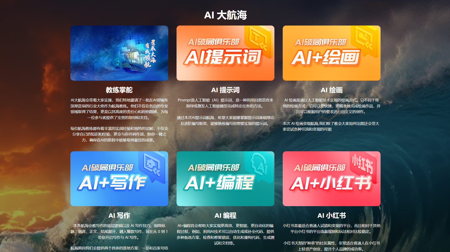 图片展示了AI大航海的多个AI功能板块。上方标题为“AI大航海”，下方有五个板块，分别为“AI教练掌舵”“AI破局俱乐部AI提示词”“AI破局俱乐部AI+绘画”“AI破局俱乐部AI+写作”“AI破局俱乐部AI+编程”“AI破局俱乐部AI+小红书”。每个板块配有图标和简要说明，如AI提示词板块说明了Prompt人工智能（AI）提示词的定义及使用方法，AI+绘画板块介绍了AI绘画的定义及使用方法等。该图与上下文介绍的AI建站工具及AI破局俱乐部功能相关。
