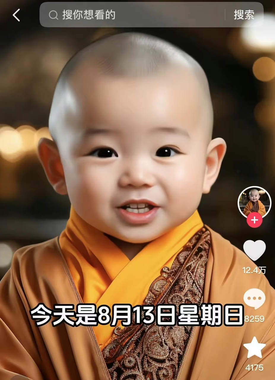 图片展示的是一个数字人视频内容，画面中是一个穿着黄色僧袍的小和尚形象，背景模糊。视频下方显示“今天是8月13日星期日”，右下角有互动数据，点赞12.4万、评论8259、收藏4175。该图片与上下文紧密相关，上下文提到数字人带货内容形式简单，用AI生成小神童形象口播国学、成功学等内容，这类视频点赞量高，播放量与涨粉比为1:1000，涨粉量可观。