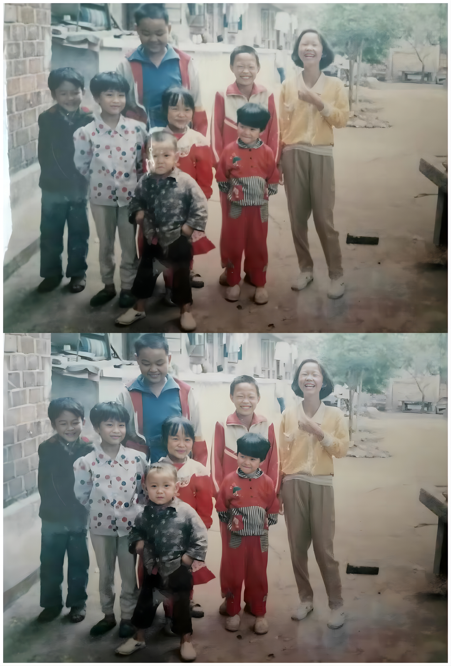 图片展示了两张对比图，上方为一张模糊的老照片，照片中有七位小孩和一位成年女性，背景是砖墙和地面。下方是经过修复处理后的照片，画面清晰，人物面部表情更生动，背景中的树木和地面细节也更加明显。该图片