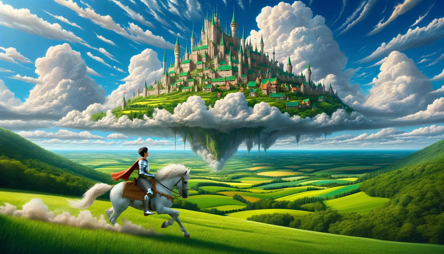 图片描绘了一位骑士骑着白马在绿意盎然的田野上奔跑的场景。背景中，一座悬浮在空中的城堡，城堡建筑风格奇幻，绿顶红墙，周围环绕着云雾。城堡下方是连绵的山丘和农田，远处是蓝色的天空和白云。图片与上下文的关系是，上下文提到一位骑士在球场上奔跑，此图以具体画面呈现了骑士奔跑的场景，与上下文内容相呼应。