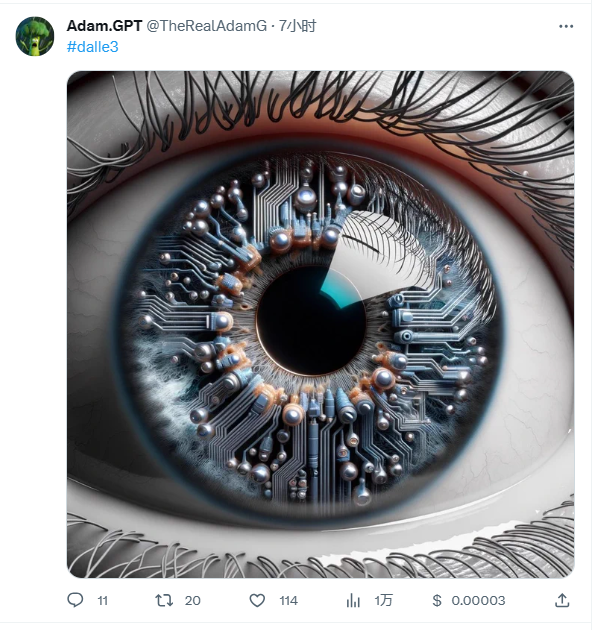 图片展示的是OpenAI负责ChatGPT企业版的Adam Goldberg在Twitter上发布的DALL·E 3生成的图像。图中是一只眼睛，瞳孔部分由电路板和电子元件构成，周围有类似电路的线条，眼白部分有黑色线条。该图片与上下文紧密相关，上下文提到Adam Goldberg晒出不少高质量结果，但未分享提示词，此图正是其发布的高质量生成图像之一，体现了DALL·E 3的创作能力。