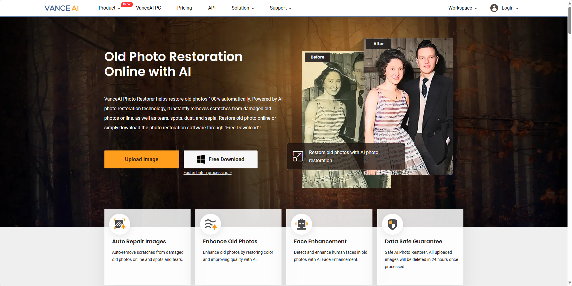 图片展示的是VanceAI网站界面，标题为“Old Photo Restoration Online with AI”，介绍VanceAI Photo Restorer可利用AI技术自动修复老照片。界面有“Upload Image”和“Free Download”按钮，下方有“Auto Repair Images”“Enhance Old Photos”“Face Enhancement”“Data Safe Guarantee”四个功能板块，还展示了修复前后对比图。该图片与文档中提到的开发类似VanceAI照片修复工具的内容相关，直观呈现了该工具的界面和功能。