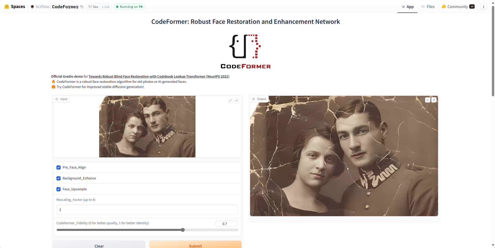 图片展示的是CodeFormer修复老照片的界面。左侧为修复前的老照片，画面中有一对男女，背景有裂纹。右侧是修复后的照片，裂纹被修复，人物面部和衣物细节更加清晰。界面下方有“Pre_Face_Align”“Background_Enhance”“Face_Upsample”等选项，以及“Rescaling_Factor”滑块和“CodeFormer_Fidelity”滑块。该图片与上文介绍CodeFormer修复老照片的内容相关，直观呈现了修复效果。
