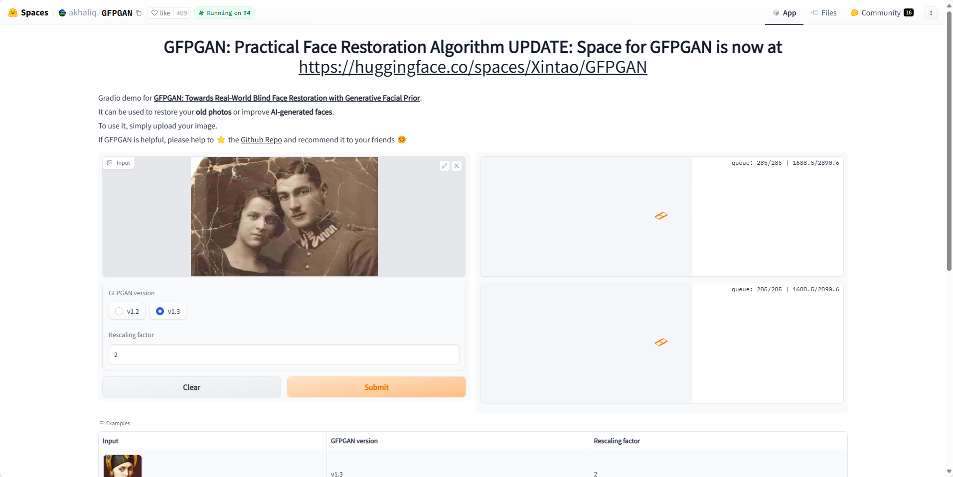 图片展示的是GFPGAN修复算法的界面。上方标题为“GFPGAN: Practical Face Restoration Algorithm UPDATE: Space for GFPGAN is now at https://huggingface.co/spaces/Xintao/GFPGAN”。界面中有“GFPGAN”“App”“Files”“Community”等导航栏。中间部分有“GFPGAN version”可选择v5.2或v5.3，“Rescaling factor”可输入数值，默认为2，还有“Clear”和“Submit”按钮。右侧有“Kudos”及“Kudos: 280/284 | 1488.3 / 2898.4”等信息。该图与上下文介绍的GFPGAN修复算法相关，展示了其使用界面。