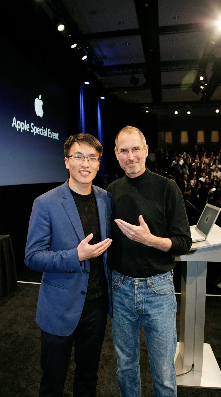 这张图片是教程里提及的首帧图片，内容为一位身着蓝色西装外套、黑色内搭的男士，与史蒂夫·乔布斯一同站在苹果特别活动的现场，背景可见带有“Apple Special Event”字样和苹果 logo 的大屏，一旁的桌台上还摆放着一台打开的笔记本电脑，后方有大量参会人员。这张图片是制作AI生成动态视频流程里要求准备的首帧素材，对应教程中上传至可灵AI的首帧参考图像，用于完成首尾帧的设置以生成指定动态视频。