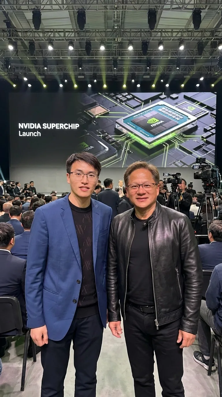 这是两张静态图对应的动态视频的首帧画面，画面中左侧的是一位身着蓝色西装外套的男士，他身处大型发布会现场，场地内有众多参会人员，背景大屏显示“NVIDIA SUPERCHIP Launch”的字样及芯片图案，右侧的男士为黄仁勋，两人正处于合影完成后的状态，后续动态视频里该蓝色西装男士会从该场景缓步走向另一处舞台，与右侧的巴菲特握手合影，该内容是AI制作动态视频教程里的首尾帧相关内容，用于呈现动态视频的首帧画面。