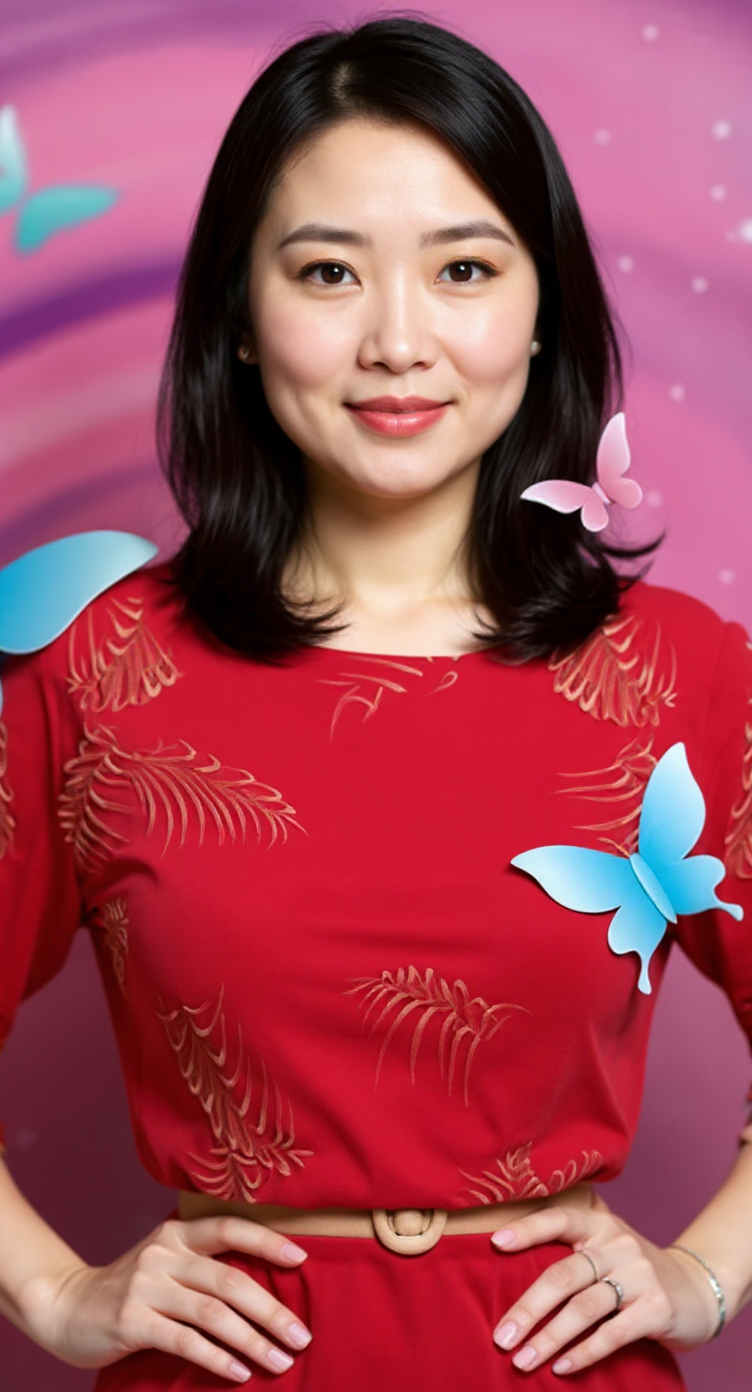 图片展示了一位箭一位身着红色上衣的女性。她有着黑色短发，面带微笑，双手叉腰，表情自信。上衣上有金色花纹装饰，左胸处有一个蓝色蝴蝶图案。背景为粉色，背景中还有蓝色和粉色的蝴蝶图案。此图与文档中“第一步：准备老照片”内容相关，是用于